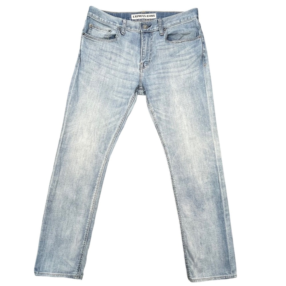 Express Blue Light Wash Rocco Slim Fit Skinny Leg Whiskered Jeans Mens 33x32